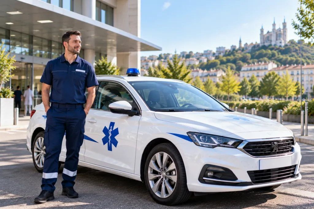 Chauffeur-ambulancier diplômé à côté d'un VSL Ambulance R à Lyon