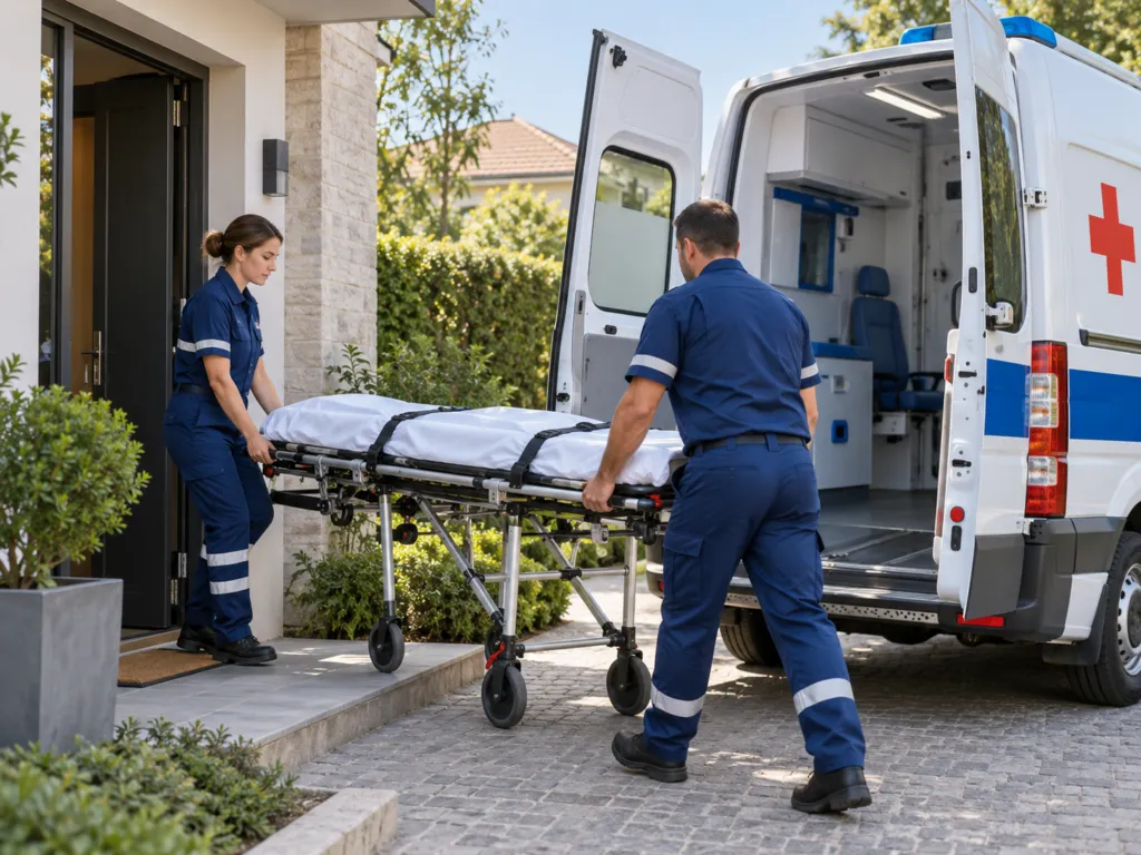 Ambulanciers Ambulance R transférant un patient en brancard à Saint-Priest