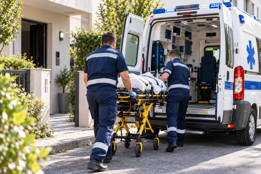 Ambulanciers Ambulance R transférant un patient en brancard à Vaulx-en-Velin