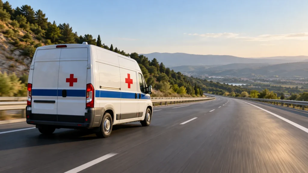 Ambulance roulant sur une route de campagne vers un transfert longue distance