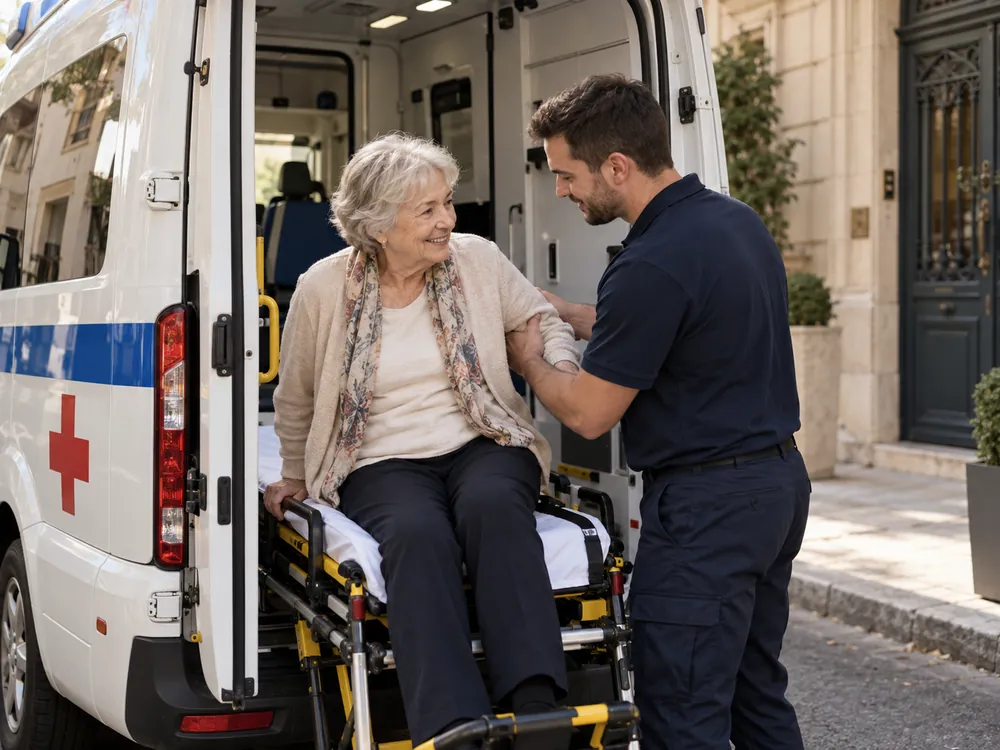 Ambulancier aidant une patiente âgée à s'installer sur le brancard d'une ambulance