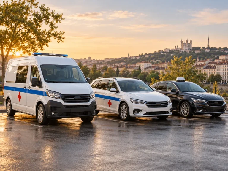 Ambulance, VSL et taxi conventionné garés face à la colline de Fourvière à Lyon