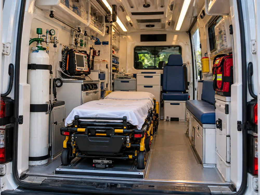Intérieur d'une ambulance équipée d'un brancard, d'une bouteille d'oxygène et d'un moniteur