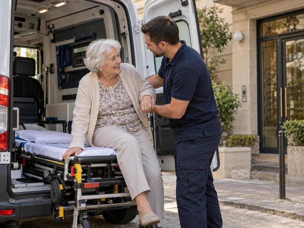 Ambulancier soutenant une patiente souriante lors de sa prise en charge devant un immeuble